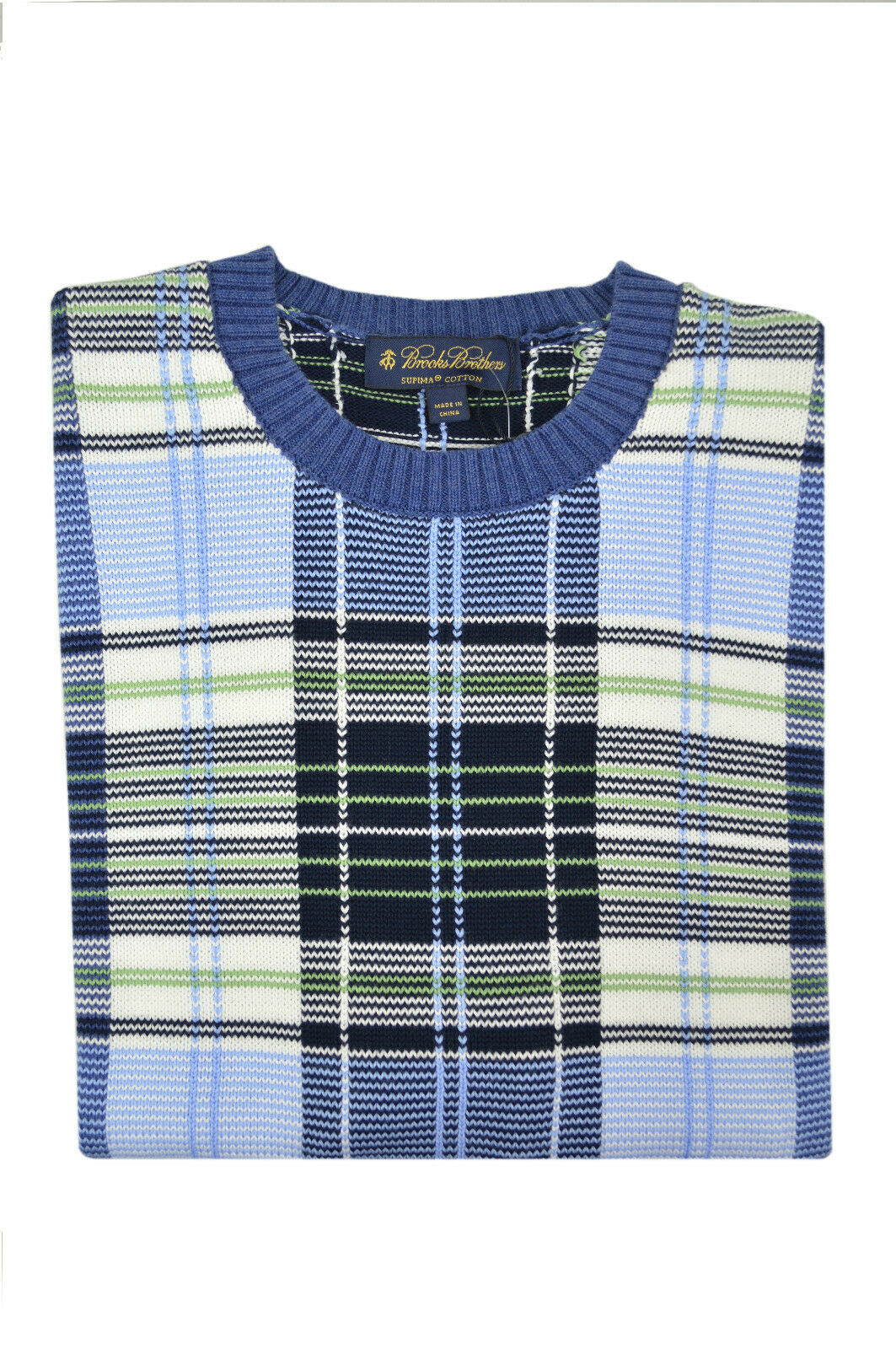 Primary image for Brooks Brothers Mens Blue Plaid Supima Cotton Crewneck Sweater  L Large  3434-7