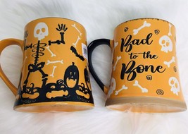 2 Halloween Coffee Mugs Skeletons “Bad To The Bone” Ceramic 18oz - £22.05 GBP