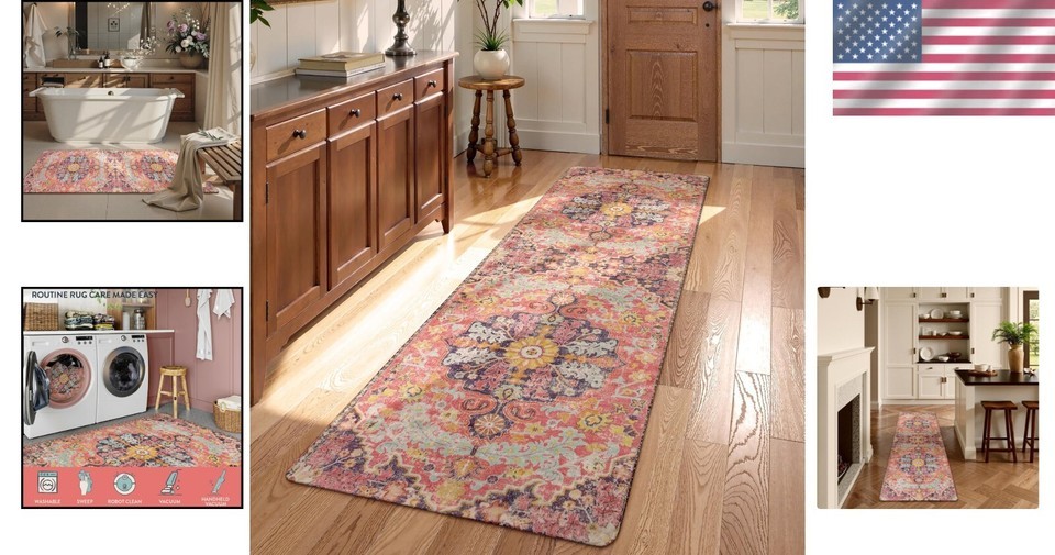 Vibrant 2x5 Fuchsia Kitchen and Laundry Runner Rug - Machine Washable Boho Style Item image 2