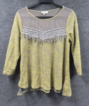 Umgee Mesh Fringe Lace Sweater Womens Small Gray Yellow 3/4 Sleeve Pullover - £20.46 GBP
