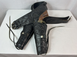 VTG Genuine Leather Double Gun Holster Pistol Belt Black w/ Bullet Holders Sz 42 - £184.95 GBP