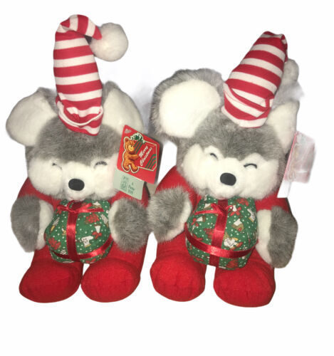 Primary image for Vintage Set Of 2 Fiesta 9” Gray Christmas Mouse With Gift Box Plush Toys 1995