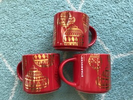 3 2015 STARBUCKS Red &amp; Gold Ornament Christmas Holiday Stackable Coffee ... - £42.35 GBP