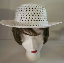 WHITE WOMAN'S WIDE BRIM HAT WITH WHITE RIBBON & PINK FLOWER image 3