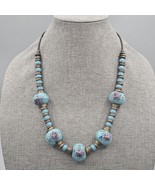 Artisan Ceramic Bead Necklace Spotted Blue Bead Rose Flower Print 25&quot; - $380.59 MXN