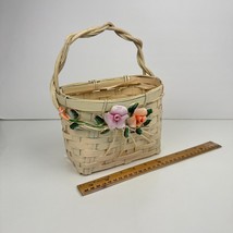 Vtg Wall Basket White Wicker Flowers Rose Green Leaves Hard Rustic Wedding READ - $25.23