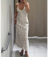 ZARA BNWT 2025. ECRU BROWN POLKA DOT SATIN MIDI DRESS STRAPS. 3067/214/086 - $66.91