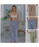 Striped Cotton Linen Drawstring Pants Patch Pockets Side Slit Wide Boho ... - $755.08 MXN