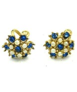 Vintage Earrings Blue Rhinestone with White Beads Gold Tone Setting - Cl... - £6.95 GBP