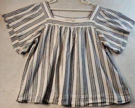 LOFT Blouse Top Womens Large Black White Striped Linen Short Sleeve Square Neck - £17.09 GBP