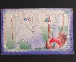 Thanksgiving Greetings Pilgrims Walking Turkey Airbrushed Embossed 1912 Postcard - £6.37 GBP