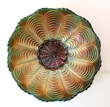 Vtg Carnival Glass Green Peacock Tail Scalloped Footed Bowl 6.5” Beautiful - $39.99
