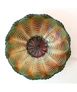 Vtg Carnival Glass Green Peacock Tail Scalloped Footed Bowl 6.5” Beautiful - $54.69 CAD