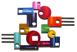 Colorful Abstract &amp; Geometric Wood and Metal Wall Sculpture 38x24 Peace Out #5 - £187.21 GBP