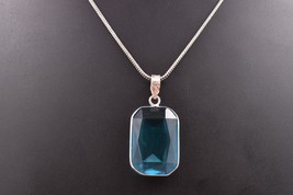 Handcrafted Rhodium Polished Blue Topaz Cushion Shape Women Pendant Necklace - £18.96 GBP+