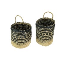 Set of 2 Geometric Pattern Hand-Woven Seagrass Round Baskets Bohemian Decor - £23.19 GBP