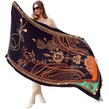 Anyyou 100% Merino Wool Brown Ancient Elegance Silk Satin Large Winter S... - $101.50