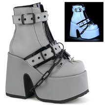 DEMONIA CAMEL-205 Punk 5&quot; Chunky Heel Platform Grey Reflective Women Ankle Boots - £90.28 GBP