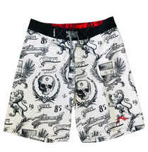 Rusty White Black Skull Loin Crest Print Men Swim Board Shorts Size 29 - £11.25 GBP