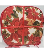 SET OF 4 CHAIR CUSHION PADS w/ties, 15x15&quot;, CHRISTMAS POINSETTIA FLOWERS... - £18.94 GBP