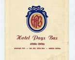 Hotel Pays Bas Rijsttafel Menu San Jose Costa Rica 1960&#39;s - $77.22