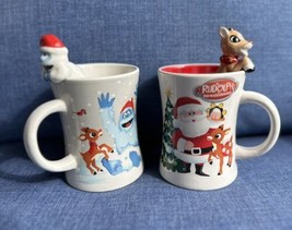 Rudolph &amp; Bumble Sculpted 3-D Figs Climbing Out Of Christmas Mugs Cups N... - $41.99
