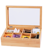 Natural Bamboo Tea Box Organizer w/Glass Lid Storage w/8 Adjustable Comp... - $605.55 MXN