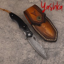 Folding Knife Damascus Steel Leather Scabbard Hunting Outdoor Camping To... - £62.09 GBP