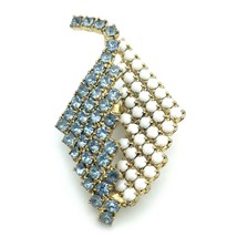 KITE shape vintage 3D pin - blue rhinestone white milk glass gold-tone brooch - £14.43 GBP