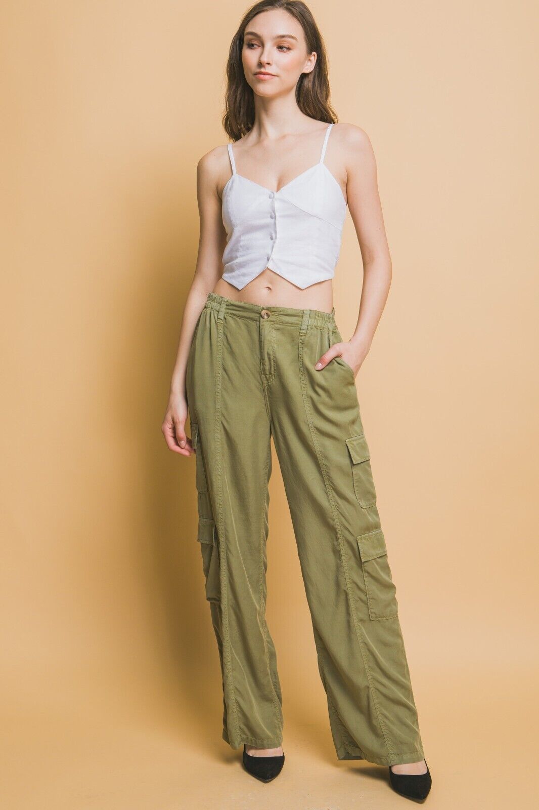 Primary image for Women's Olive Full Length Tencel Pants With Cargo Pockets (S)
