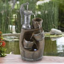 Old Fashion Hand Pump Fountain Polyresin Barrel Cascading Waterfall LED ... - $91.99