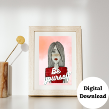 Printable wall art, Hand drawn girl face with inspirational quote &#39;&#39;Be yourself&#39; - £2.59 GBP