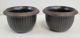 Vintage Pair Brown Stoneware Ribbed Flower Plant Pots Lip Fits Holder Ma... - $23.33