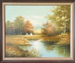 Vintage Painting Country House Stream Trees On Canvas Framed Signed Hansen - £77.86 GBP