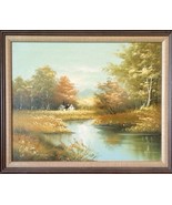 Vintage Painting Country House Stream Trees On Canvas Framed Signed Hansen - £77.36 GBP