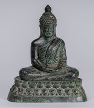 Buddha - Antique Khmer Style Bronze Enthroned Meditation Buddha Statue - 19cm/6&quot; - £393.25 GBP