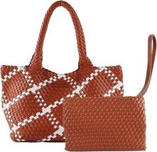 Vegan Leather Woven Tote Bag, Rust Brown &amp; White, with Zippered Pouch, M... - $32.66