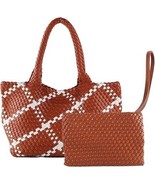 Vegan Leather Woven Tote Bag, Rust Brown &amp; White, with Zippered Pouch, M... - $603.81 MXN