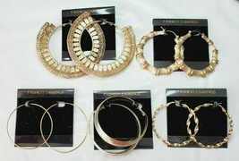 Fashion Earrings Hoops 5 Pair Gold Tone Medium to Large Lever Back New - £18.48 GBP