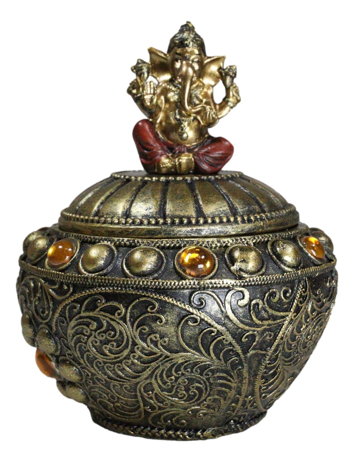Hindu Vastu Yoga Ganesha Tooled Patterns And Gemstones Decorative Trinke... - $23.99