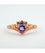 14k Vintage Leaf Round Amethyst Gold Ring Nature-Inspired Design Ring - $250.00 - $950.00