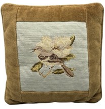 Vintage Needlepoint Bird Pillow 11.5&quot; Square Tan Velvet Light Blue Handmade - £18.48 GBP