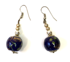 Painted Ceramic Ball Bead Dangle Drop Earrings Blue with Leaves - £6.05 GBP