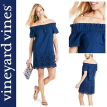 Vineyard Vines Navy Blue Off The Shoulder Eyelet Dress Scalloped XS Extr... - $44.54