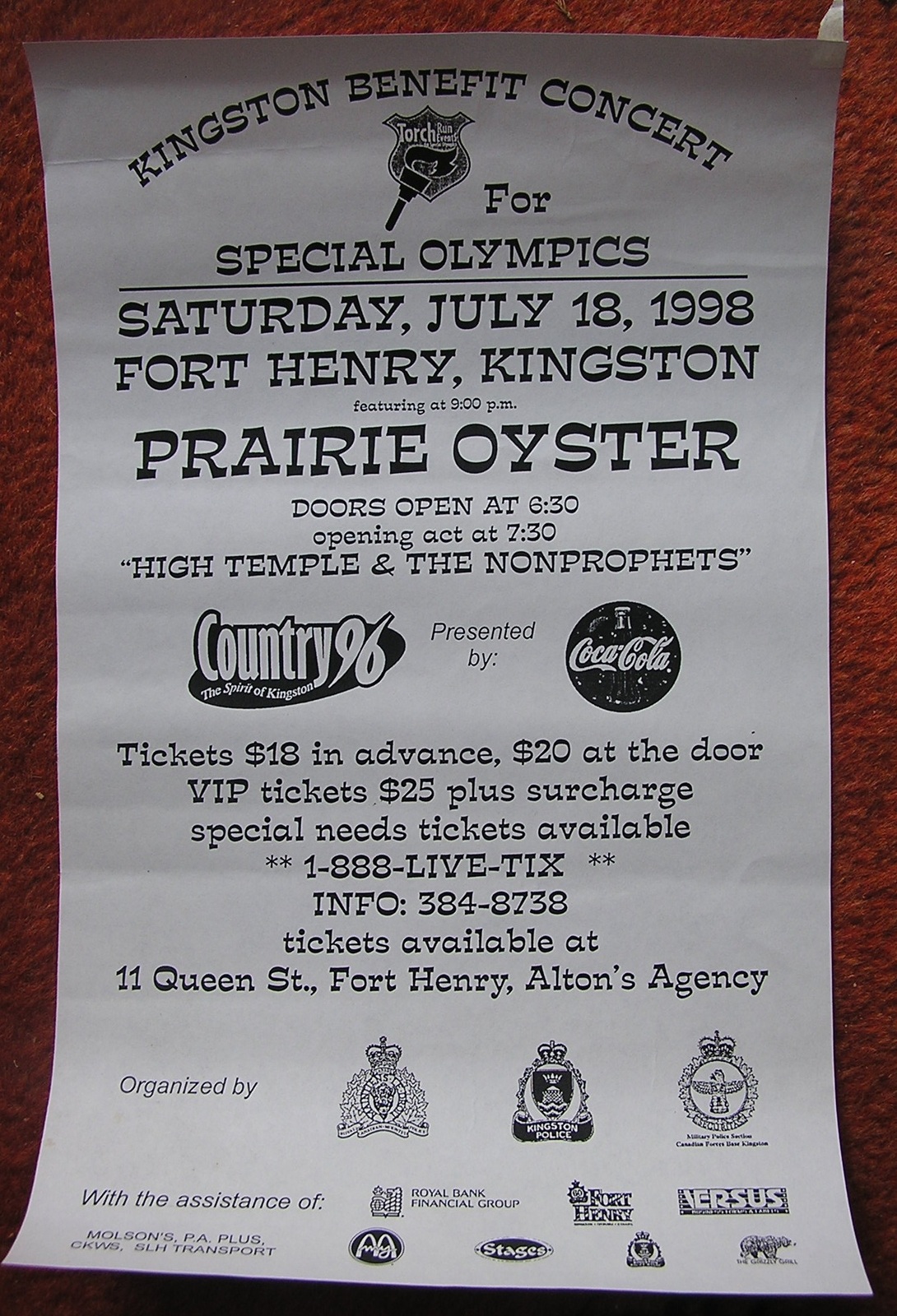 Prairie Oyster 1998 Poster Flyer Fort Henry Kingston Country Music 14*8 ... - $18.50