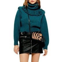 TOPSHOP Green Rock It Fringe Turtleneck Knit Cropped Sweater Pullover Sz 8 M NEW - $47.20