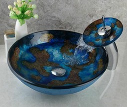 Blue Hand Painted Tap Wash Bathroom Tempered Glass Ceramic Basin Sink w/ Faucet - £174.50 GBP