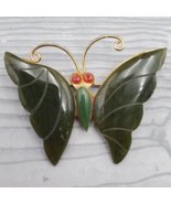 Vintage Carved Nephrite Jade Butterfly Brooch Gold Tone 1 3/4&quot; - $354.61 MXN