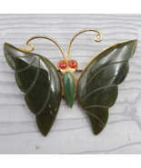 Vintage Carved Nephrite Jade Butterfly Brooch Gold Tone 1 3/4&quot; - £14.81 GBP