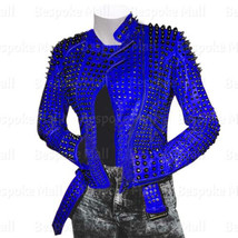 New Women&#39;s Rock Punk Blue Metal Black Tonal Spiked Studded Leather Jacket-217 - £372.45 GBP